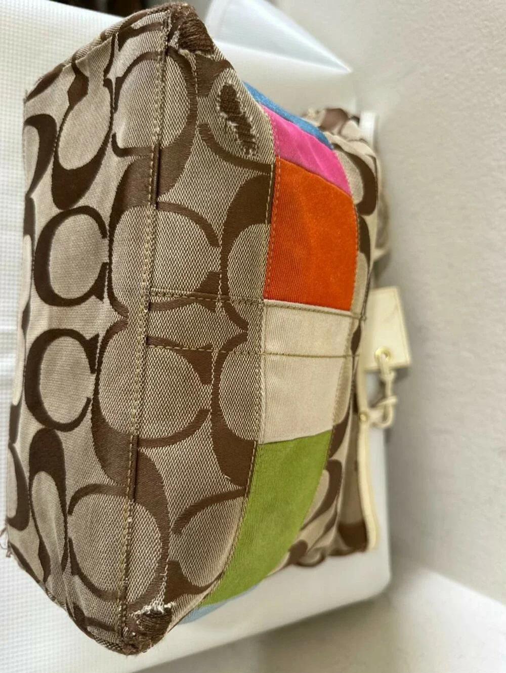 Coach Signature Multicolor Stripes Canvas Leather Trim Small Tote Bag